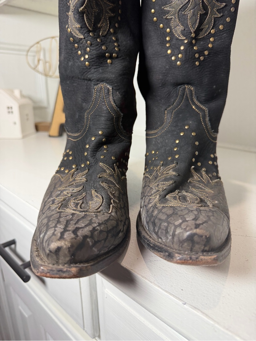 Dan Post Womens 9 Black Leather Studded Floral Cowboy Boots Distressed Western - Picture 5 of 10